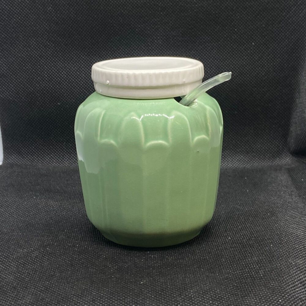 CLEARANCE ceramic relish jar with lid and spoon green vintage retro kitch - Picture 3 of 12